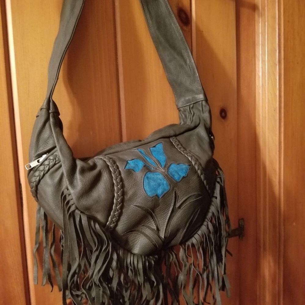 New heavy duty leather purse fringe rose inlay